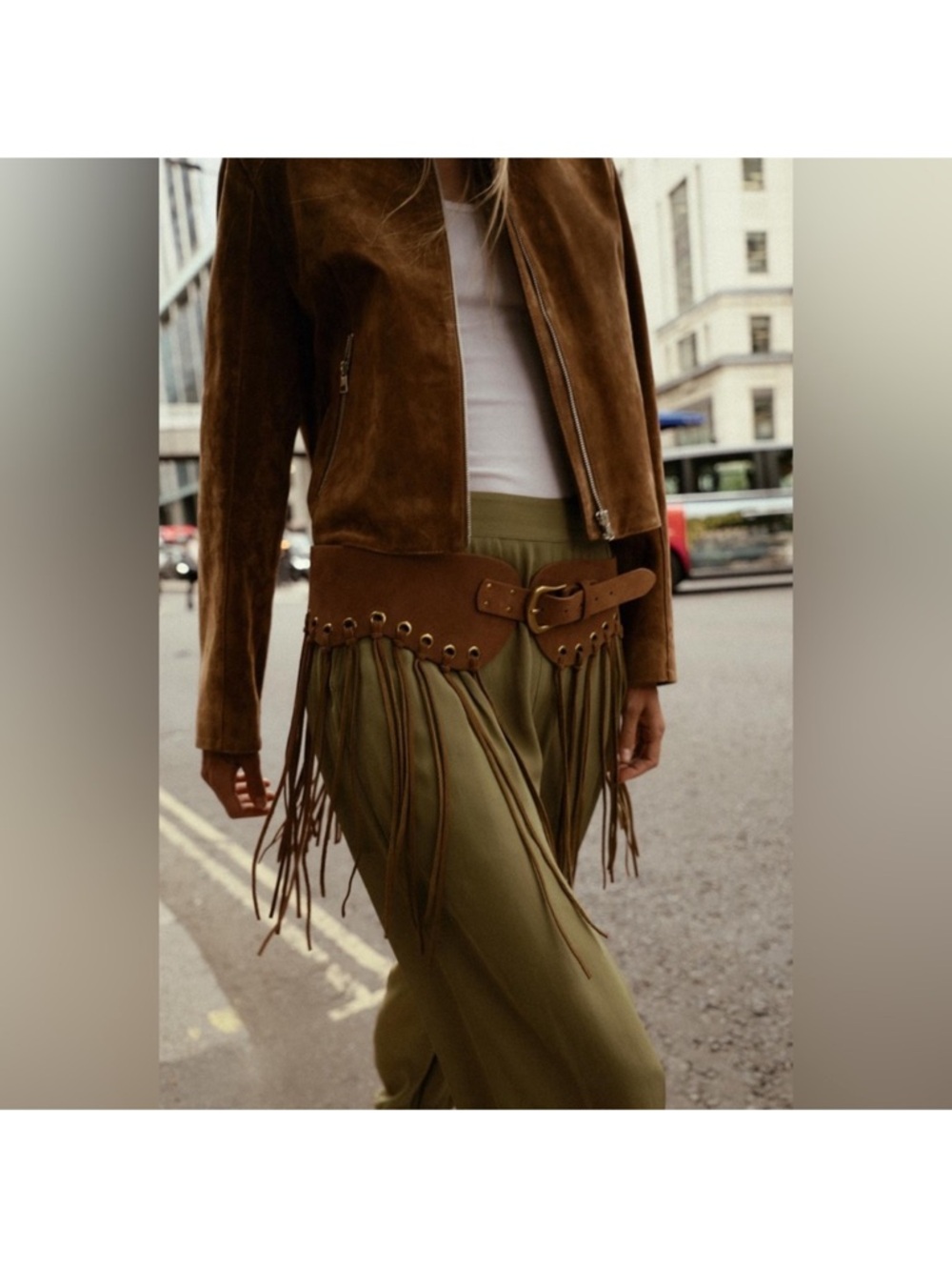 NWT Zara Brown Leather Fringe Cummerbund Belt Buckle Boho Festival Cowgirl Chic - Picture 9 of 10